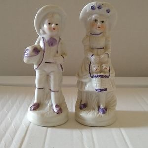 Vintage Boy and Girl Figurines.  Purple and White.